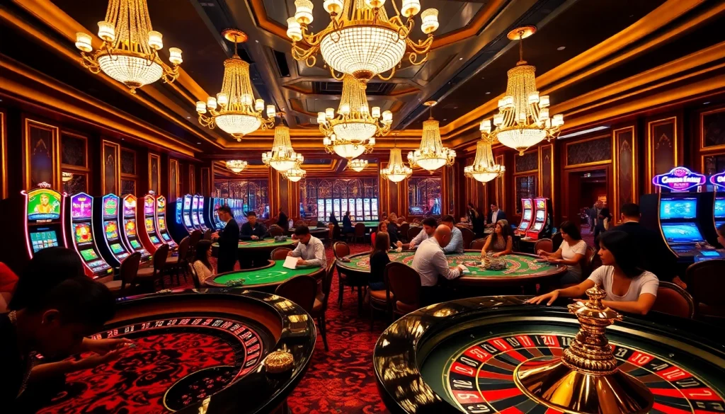 Experience high-stakes action at Sunwin's luxurious casino with vibrant slot machines and roulette.