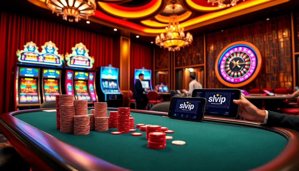 Experience exhilarating gaming at slvip1.com.ph with vibrant casino elements like poker chips and slot machines.