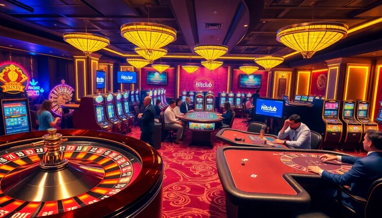 Engaging gamblers at Hitclub casino with colorful slots, roulette, and poker tables in a luxurious atmosphere.