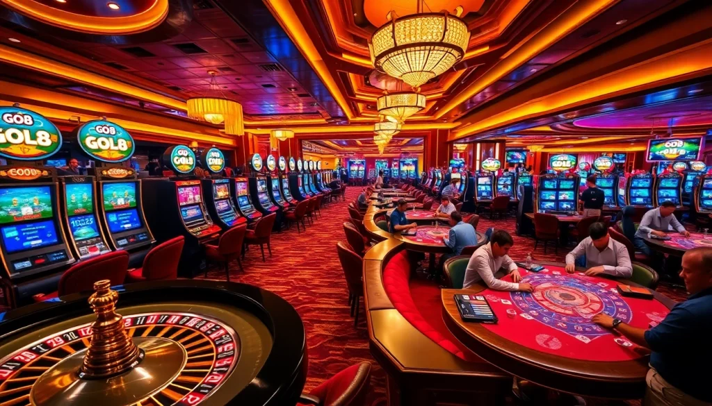 Players enjoying a vibrant GO8 casino with engaging slot machines and poker tables.