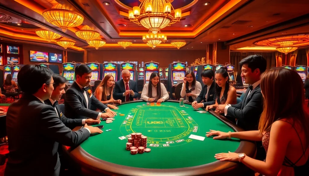 Players experience excitement at the uu88 casino with vibrant tables and colorful chips.