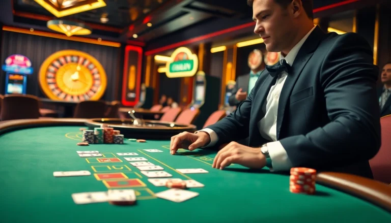 Play thrilling games at http://8kbet.ink/ with a luxurious poker table and vibrant casino ambiance.
