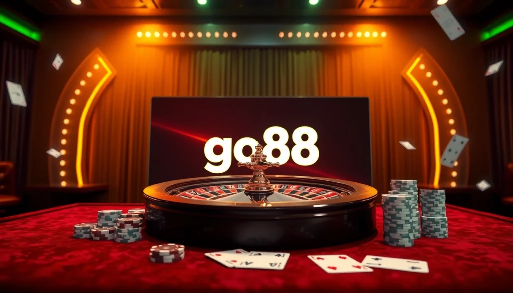 Engage in online gaming at go88 with vibrant roulette, poker chips, and cards in a luxurious casino scene.