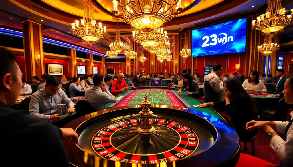 Place your bets at 23win's exciting casino table with vibrant poker chips and cards.