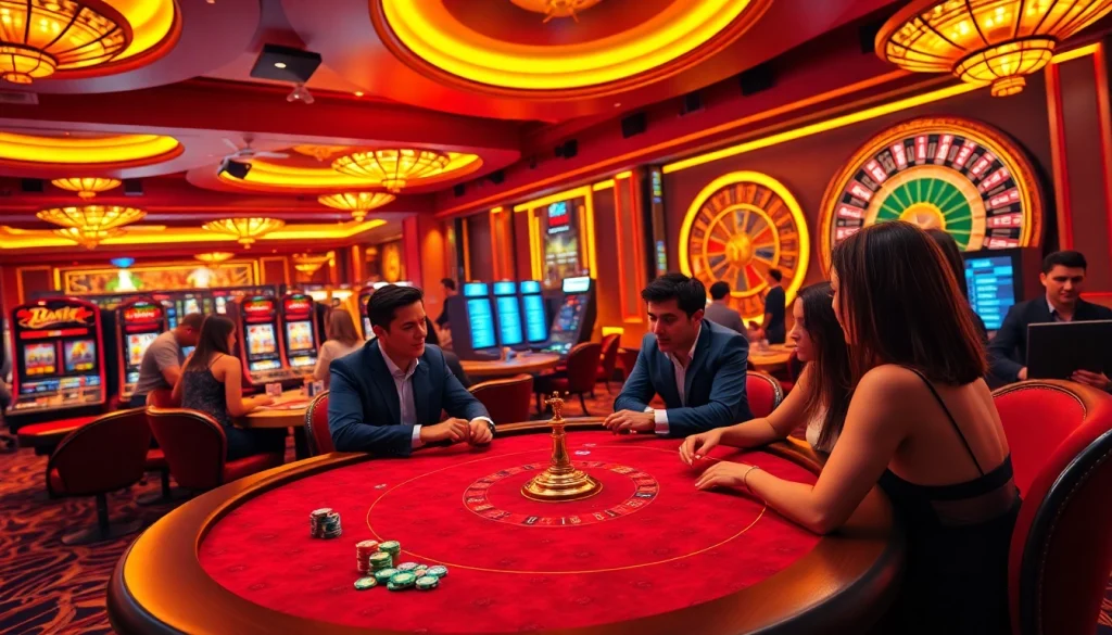 Excited players at a vibrant casino table enjoying game bài đổi thưởng with colorful poker chips.