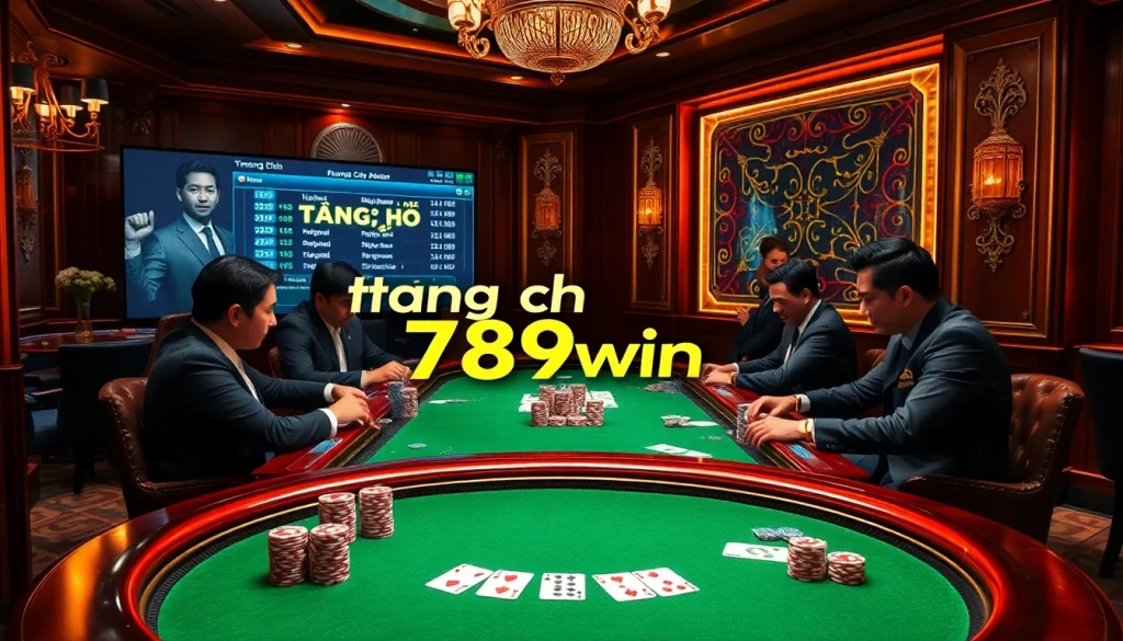 Experience the thrill of gaming at trang chu 789win with a luxurious poker table surrounded by engaged players.