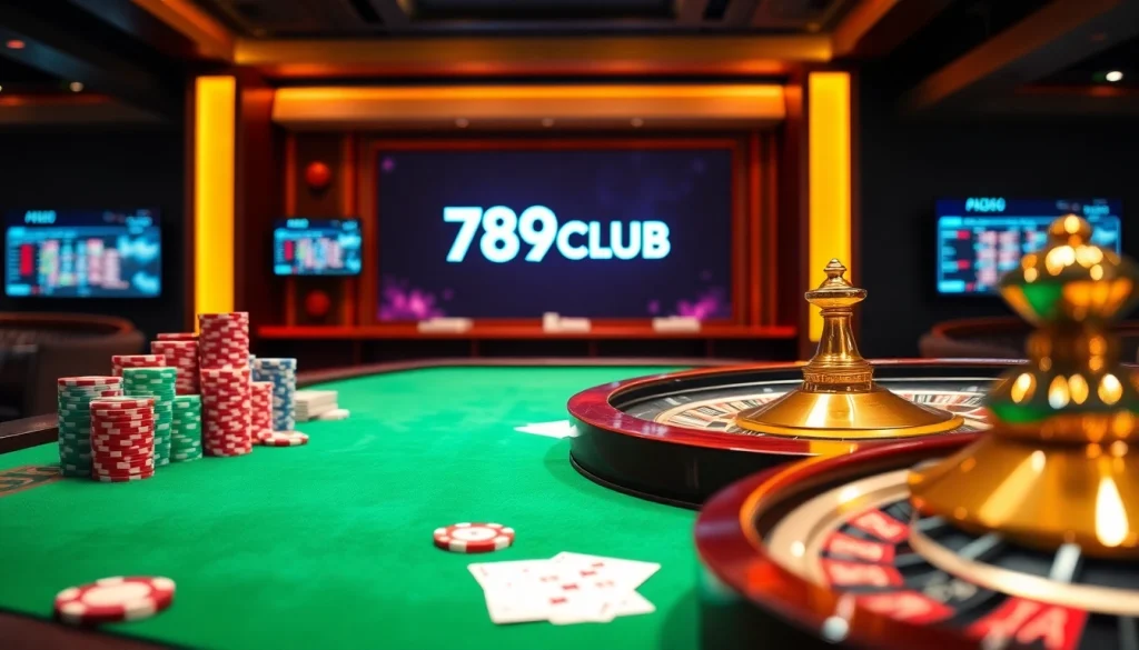 Experience the thrill of 789CLUB with vibrant casino elements, including poker chips and a roulette wheel.