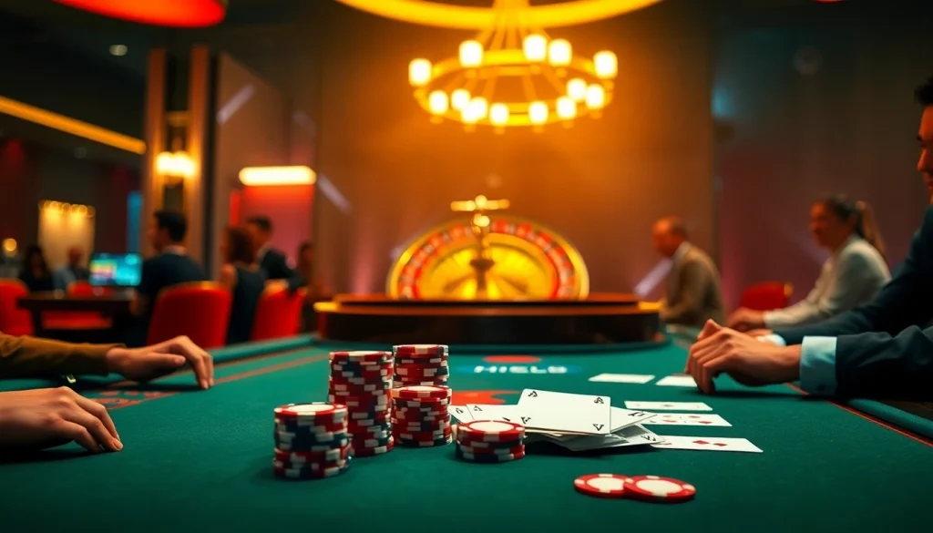 Gamblers strategizing wins at the HITCLUB poker table with vibrant casino elements.