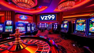 Experience thrilling games at vz99 online casino with vibrant roulette wheels and poker chips.