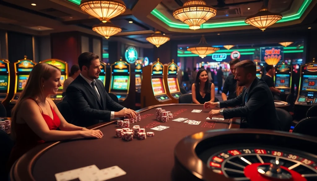 Excited players enjoying card games and slots at UU88 CASINO, capturing the thrill and luxury of gambling.