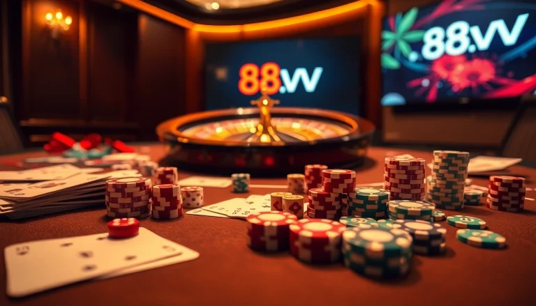 Engage with a vibrant casino experience featuring 88vv, showcasing poker chips, cards, and a roulette wheel.