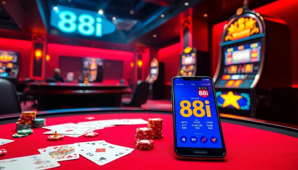 Experience high-stakes gambling with 88i in a vibrant casino setting featuring roulette and cards.