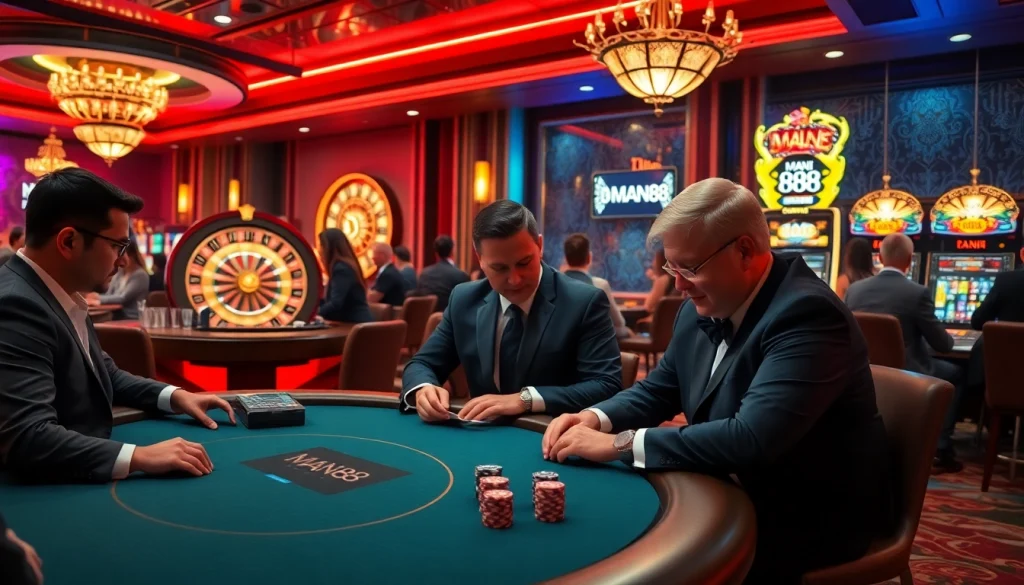 Exciting Man88 casino scene with poker players and roulette wheel showcasing luxury gambling.