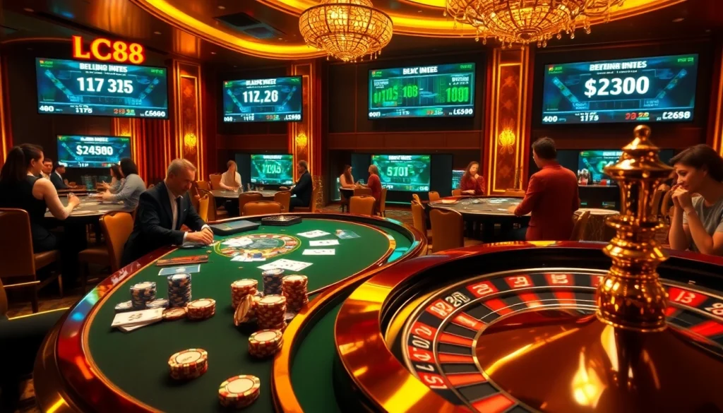 LC88 players engaging in high-stakes blackjack at a luxurious casino table with vibrant lighting.
