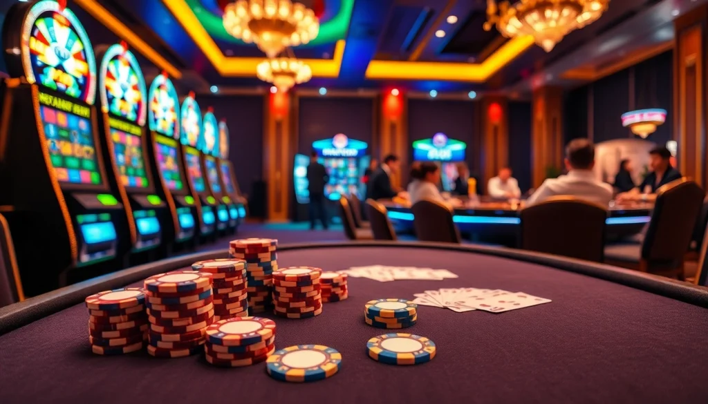 Experience the thrill of high-stakes poker at nh88's luxury casino, featuring vibrant slot machines and roulette.