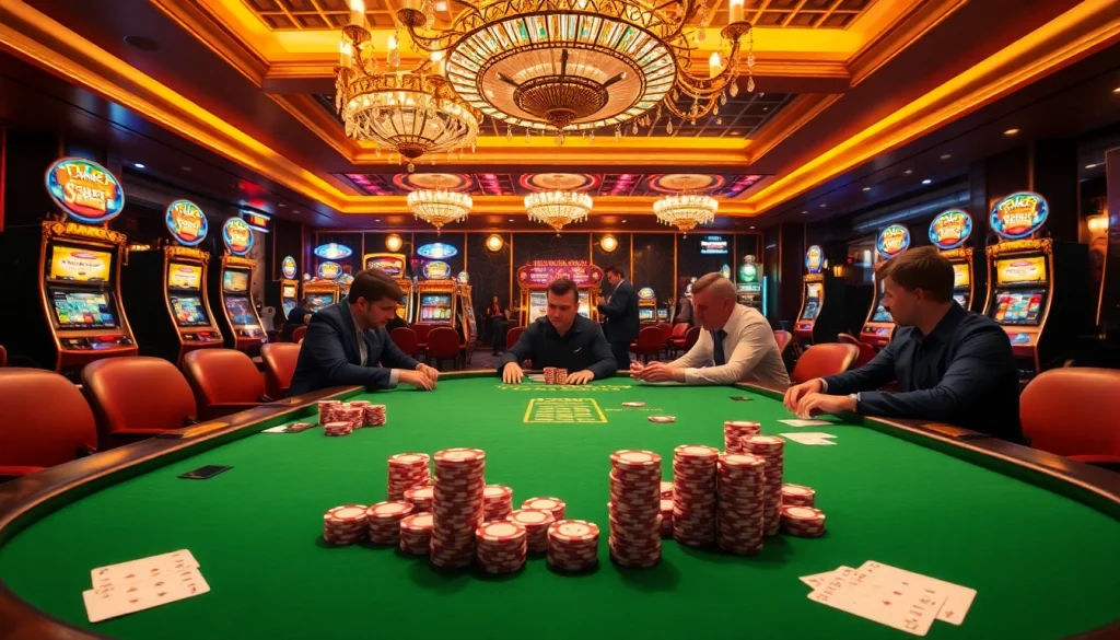 Engaged poker players in a luxurious casino setting showcasing excitement at https://23win8b.com/ gaming tables.