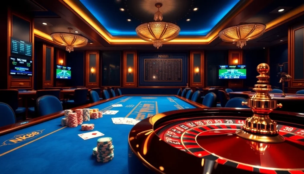 Experience thrilling gameplay at NK88 with vibrant casino tables showcasing poker chips and roulette wheels.