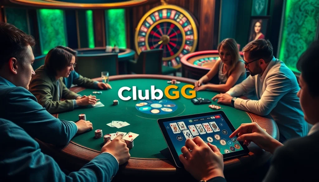 Players enjoy an engaging game of ClubGG poker at a luxurious table, with chips and cards in view.