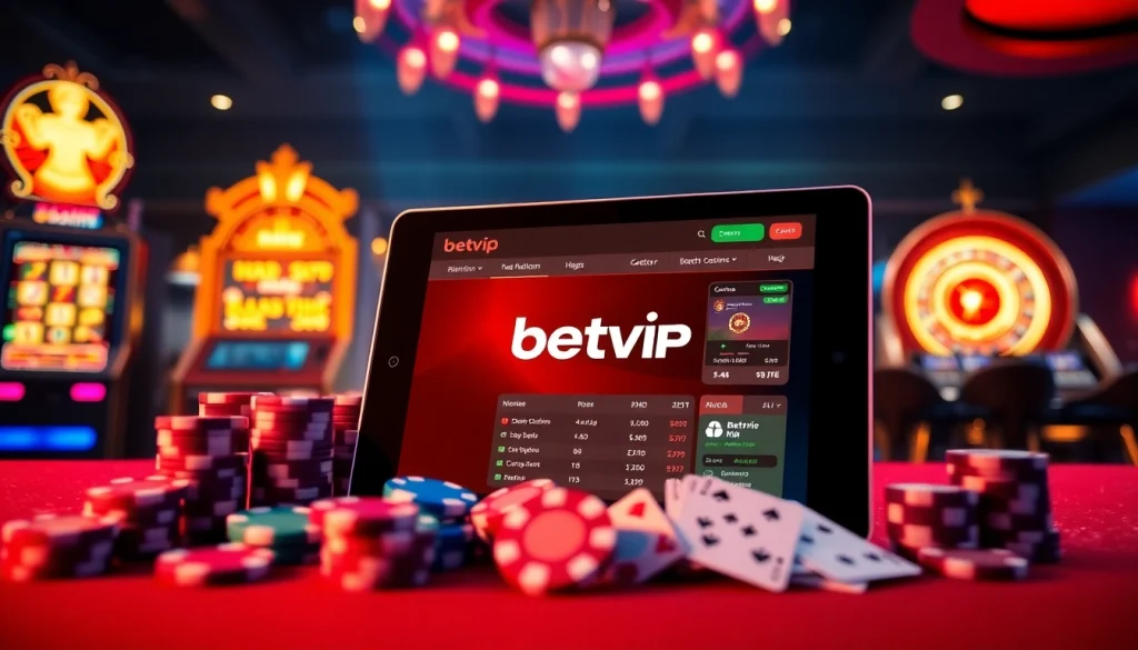 Cảnh sinh động cho thấy ứng dụng betvip giữa các chip poker và bối cảnh casino cổ điển.