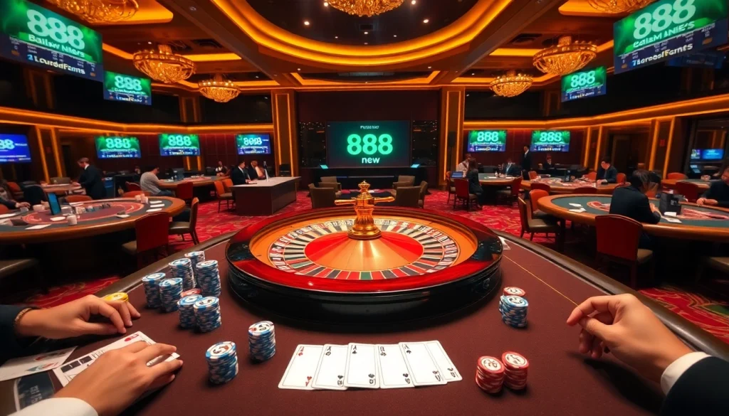 Experience thrilling gameplay with 888new at a vibrant casino featuring poker tables and roulette wheels.