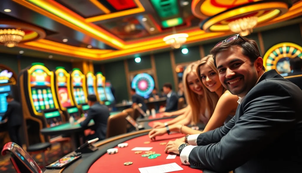 Experience the excitement of 8xbet with players competing at high-stakes poker tables and vibrant slot machines.