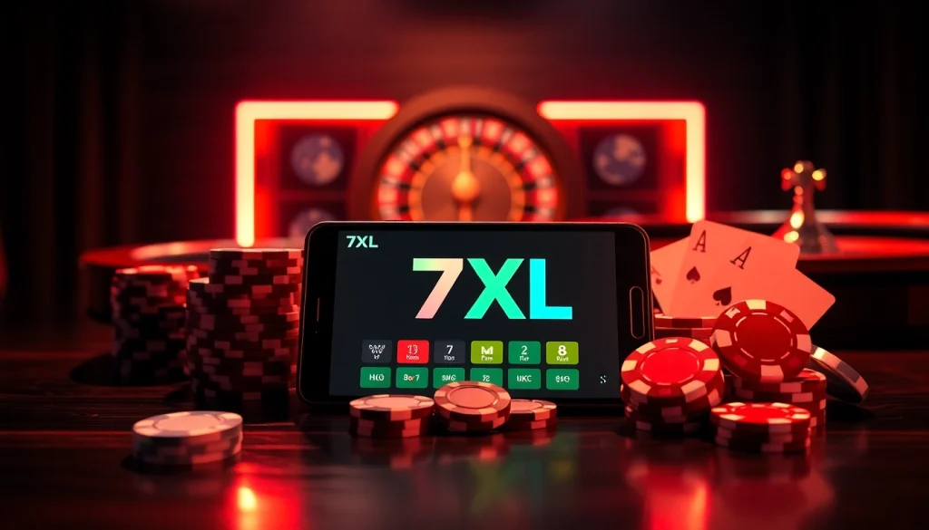 סצנה מרתקת המדגישה את אפליקציית 7xl להורדה בין צ’יפים של פוקר ואלמנטים של קזינו.