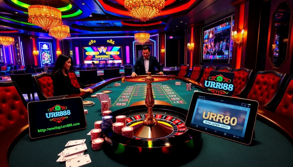 Vibrant casino scene showcasing players at a poker table optimally experiencing gambling at https://urr88.com/.