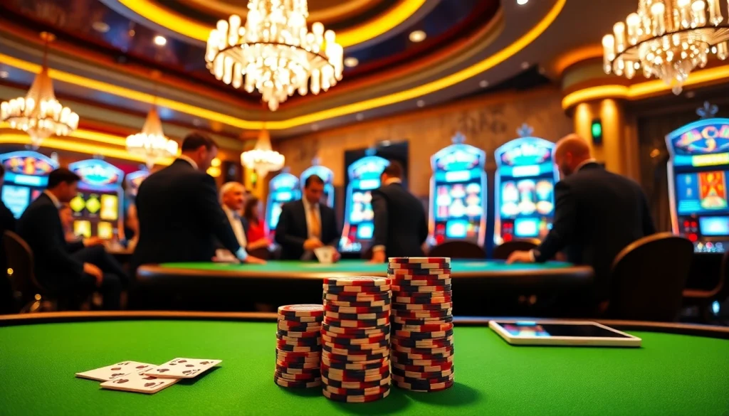 Players engage in a high-stakes poker game at LC88, surrounded by vibrant slot machines and luxury decor.