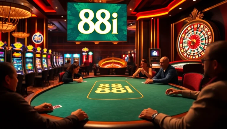 Players enjoying high-stakes poker at an 88i casino table, enhanced by vibrant slot machines.