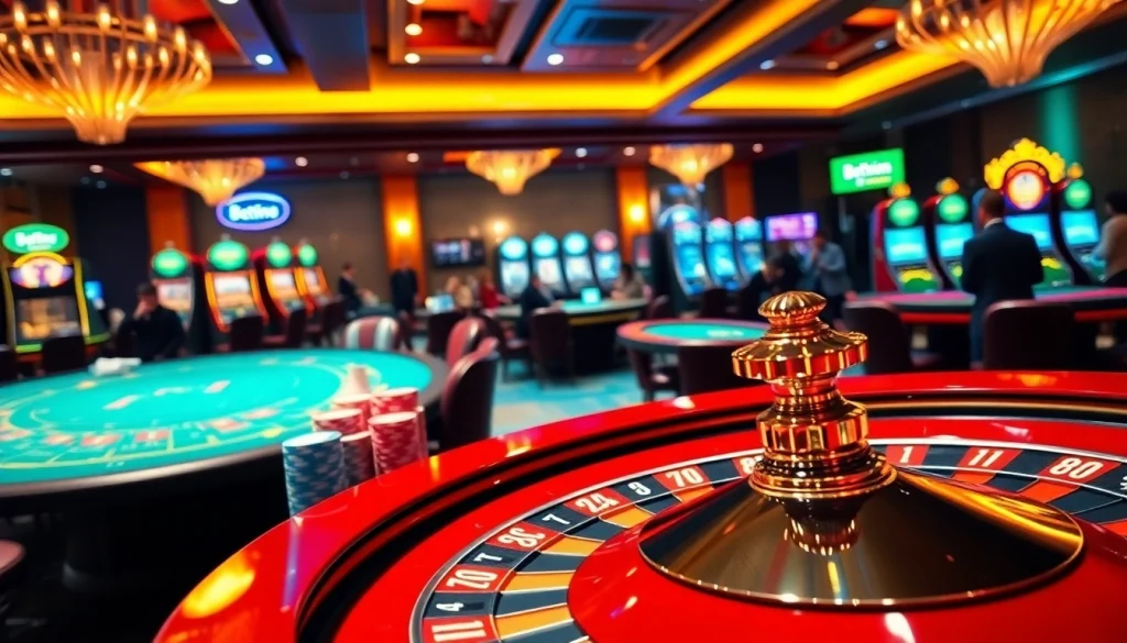 Excited gamblers at Betwin88 casino, enjoying roulette and poker games with vibrant chips.