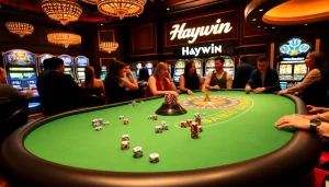 Experience the thrill of gambling at the Haywin casino, with vibrant tables and excited players.