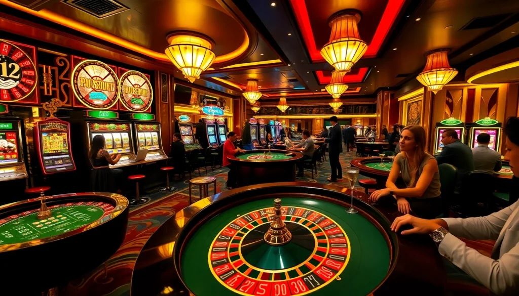 Experience the excitement of the Pushpa Club with players at the roulette table and vibrant slot machines.