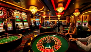Experience the excitement of the Pushpa Club with players at the roulette table and vibrant slot machines.