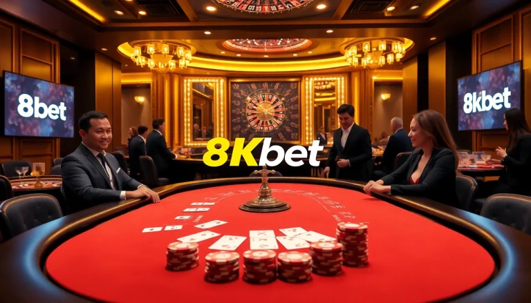 Exciting high-stakes poker game at 8kbet casino with vibrant lights and action.