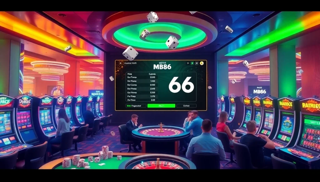 Players enjoying MB66 online casino games with vibrant slot machines and poker tables.