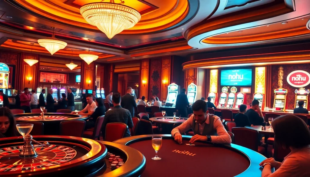Nohu themed luxurious casino scene showcasing players at tables and vibrant slot machines.