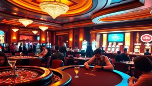 Nohu themed luxurious casino scene showcasing players at tables and vibrant slot machines.