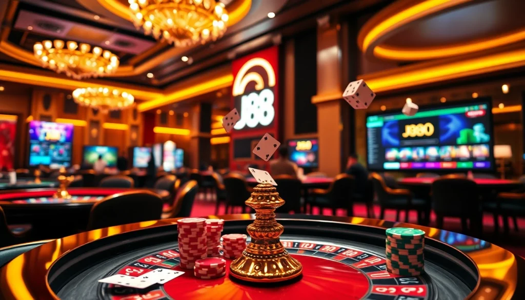 Players enjoying a thrilling game at J88 casino with vibrant chips and roulette excitement.