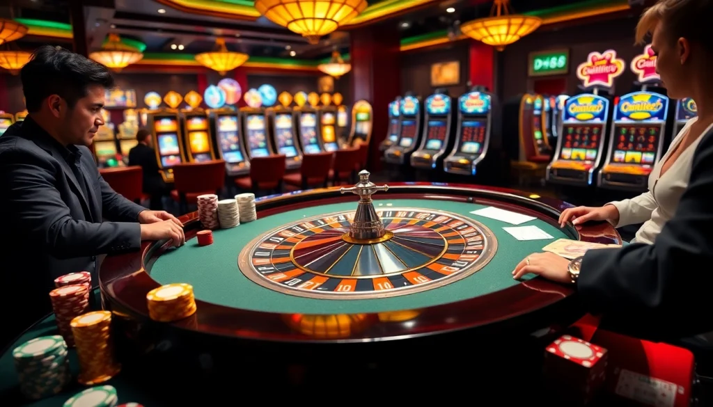 Engaging players at DH88 casino table with roulette, poker chips, and slot machines.