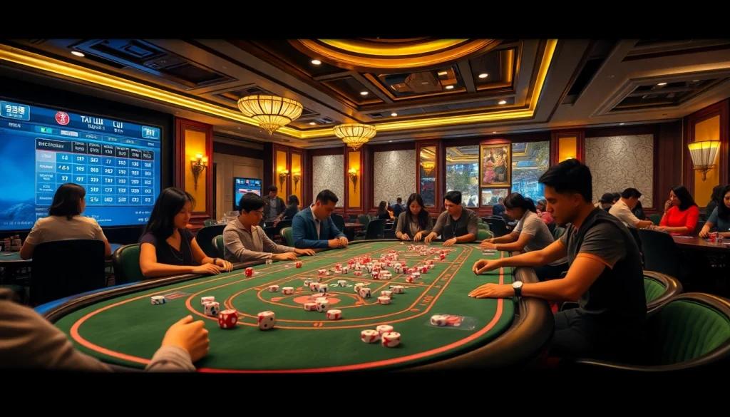 Tai Xiu online gaming table with vibrant colors and engaged players in a luxury casino.